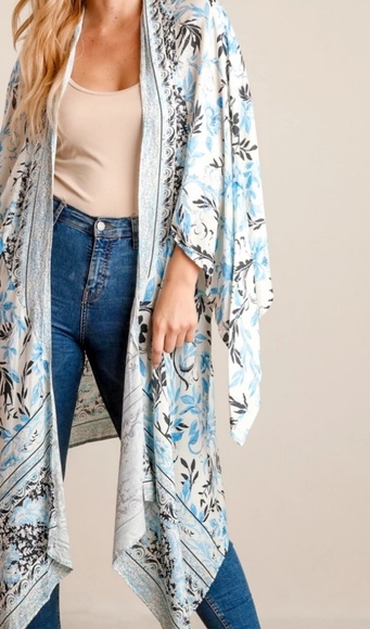 Raw Edge Tops - Long Kimono - blue & off white design